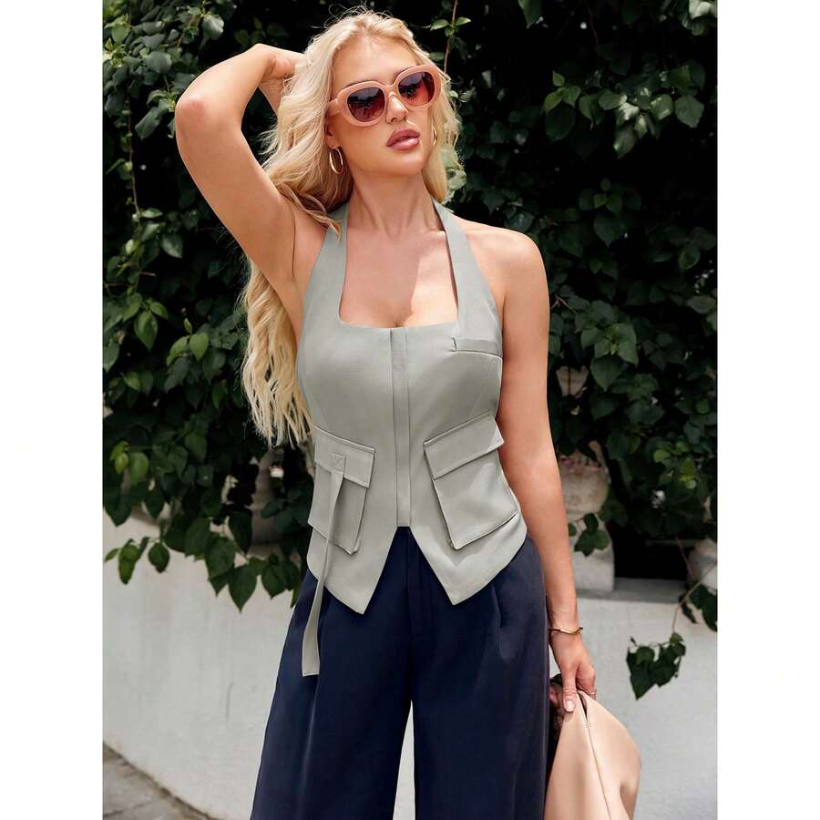 BZB Womens Summer Halter Vest Tops Going Out Backless Waistcoat Y2k Tank Sleeveless Shirts With Pockets - Grey - View 1