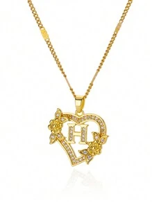 锆石心形花朵字母项链，金色，A-Z字母心形项链，婚礼珠宝礼物，情人节礼物，母亲节礼物 - 金黃色 - 查看 16