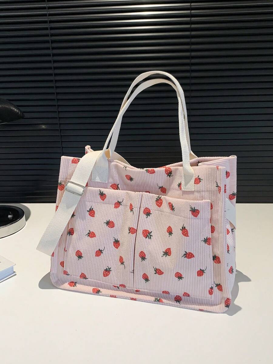 Bolso de tela con estampado de fresa, bolso de mano adorable con frutas, bolso de hombro, incluye correa larga ajustable para opción de cruzado para San Valentín
