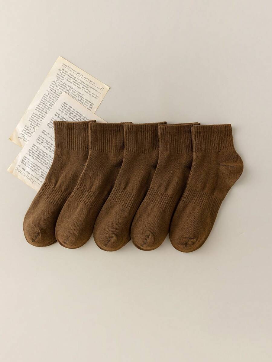 5双咖啡棕色袜子，纯色袜子，韩版中筒袜，百搭女士，男女通用秋冬运动袜 - 咖啡棕 - 查看 1