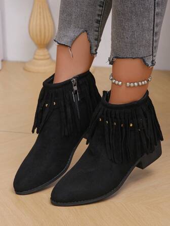 Women's New Winter Western Cowgirl Boots, Pointed Toe Chunky Heel Short  Boots With Tassels, Ins British Style Ankle Boots