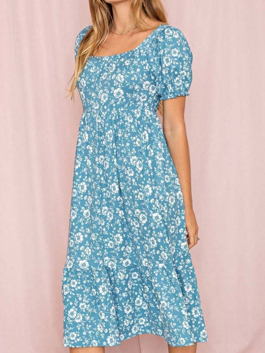 Boho Retro Ditsy Floral Flutter Puff Sleeve Square Neck Tiered Ruffle Tea Midi Length Classic Bridgerton Dress - Màu xanh lam - Xem 1