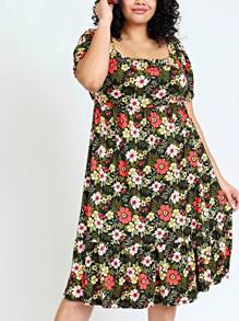 Boho Retro Ditsy Floral Flutter Puff Sleeve Square Neck Tiered Ruffle Tea Midi Length Classic Bridgerton Dress - Red and Black - View 2