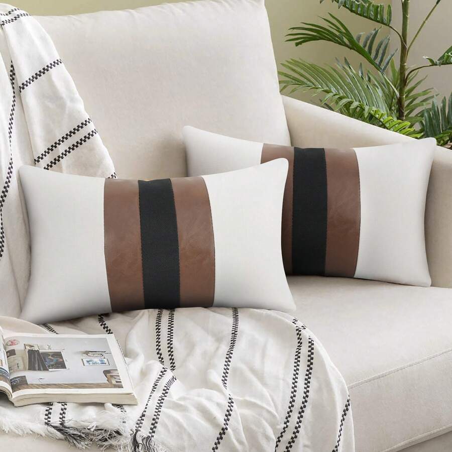 1pc Modern PU Leather & Linen White Throw Pillow Cover, Sofa Bedroom