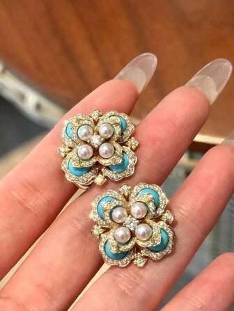 1 ชิ้น ต่างหูประดับเพชรแร่ธาตุเทอร์ควอยซ์และมุกแบบวินเทจ, เครื่องประดับหูที่เป็นเอกลักษณ์ประณีตและมีความซับซ้อน เหมาะสำหรับสวมใส่ประจำวันของสตรี