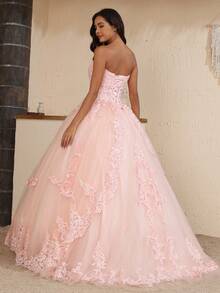 糸球状 ピンク キンセアニェラドレス チュール レース アプリケ プロムドレス ハート型ネック フォーマルパーティードレス - ピンク - チェックする 2