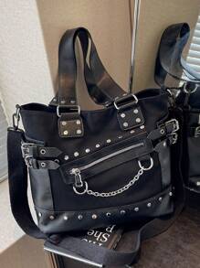 DareSee Borsa tote vintage di grande capacità, colore unito, borsa a spalla cool punk Y2K per ragazze, borsa a tracolla e borse a mano da donna con borchie, borsa a tracolla versatile con tasche multiple, colore unito, borsa a tracolla per uso esterno e viaggi, borsa a tracolla casual per pendolarismo e shopping, adatta per MusicFest, Y2KFest, Back to School, autunno, Natale, inverno, regali di Natale