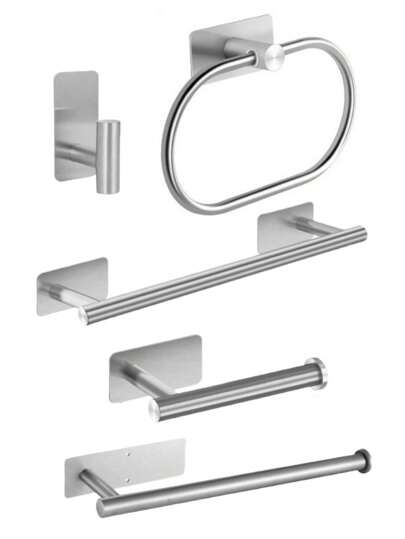 1 pieza Estantería de baño de acero inoxidable, toallero sin perforar, portarrollos de papel higiénico, ganchos multiusos para el baño