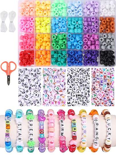 Pony Beads Set, Kandi Beads 1000pcs Letter And Heart Beads With 20 Meter Elastic Threads For Bracelet Jewelry Necklace Making