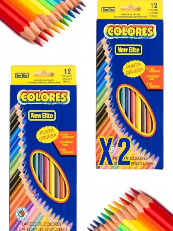2 cajas de lápices de colores cada caja con 12 lápices de madera de punta gruesa en total 24 lápices para dibujo