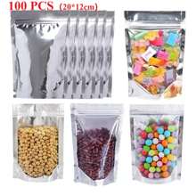 100 Piezas Bolsas Stand Up Pouch Transparente Cierre, Bolsas para envasado de alimentos, bolsas para conservación de alimentos frescos,Reutilizable, Resellables, absolutamente de alta calidad,Aluminio por Ambos Lados, Bolsas para envolver alimentos para Dulces, Accesorios, Aperitivos, Joyería, Cosméticos y Más, 14 x 20cm - 100 piezas(20 cm x 12 cm x 4 cm) - Ver 1
