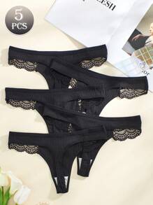 5pcs/Set Women Thong Panties, Spring And Summer Low-Waist Sexy Ribbed Underwear, Black - Black - View 2