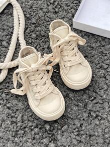 White Canvas Sneakers For Kids, Mid-Top Sports Shoes For Boys And Girls, Simple Korean Style, Spring/Autumn Casual Lace-Up Flat Classic Vulcanized Shoes