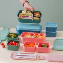 1pc/(1300ml), Double Bento Box With Knife, Fork And Spoon - Creative Split Reusable Lunch Box, Safe Pp Material, Portable Lunch Box For Work And Travel, Kitchen Utensils School Supplies,Back To School - Multicolor - View 4