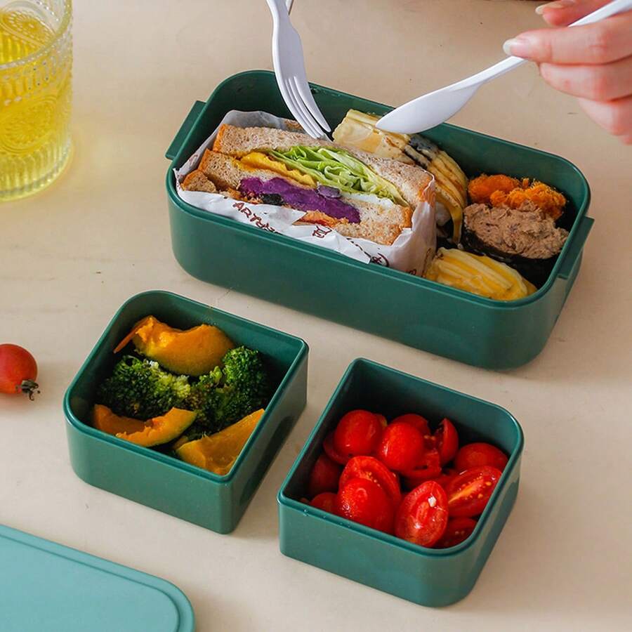 1pc/(1300ml), Double Bento Box With Knife, Fork And Spoon - Creative Split Reusable Lunch Box, Safe Pp Material, Portable Lunch Box For Work And Travel, Kitchen Utensils School Supplies,Back To School - Multicolor - View 1