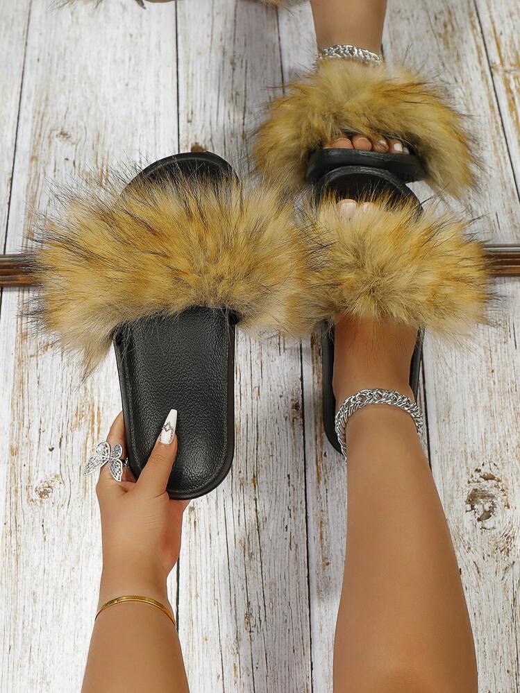 New Faux Fox Fur Slippers Women s Flat Open Toe Slides Anti Slip Furry Slipper Shoes With Imitation Leather And Fur Versatile SHEIN USA