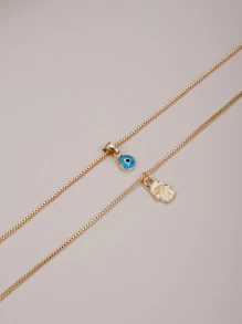 2pcs Fashionable Simple Evil Eye Multi-Layered Necklace Set, Available In Gold And Silver, For Women's Holiday Dates, Gifts, And Daily Outfits - Yellow Gold - View 3