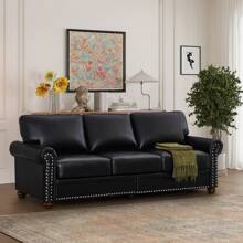 Mid-Century Modern Faux Leather Living Room Sofa Set With Rivet Trim, Solid Wood Frame And Legs - Single, Double, Triple, 2+3 Seater, 1+2+3 Seater, 4 Color Options - 黑色 - 查看 9