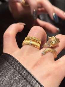 1pc French-Style Retro Ring With Drawbench Craftsmanship, Italian Vintage Design, Wide/Narrow Version, Golden Color, Open-Ended, Adjustable, Suitable For Women's Daily Wear