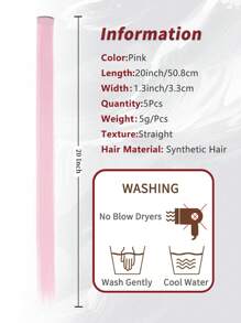 5片粉色夹式接发，20英寸长直发，夹式合成材质，适合万圣节角色扮演、装扮、时尚派对、圣诞节、新年等场合，可作为女性礼物，也可用于圣诞节、新年狂欢节、音乐节等场合（粉色）。
