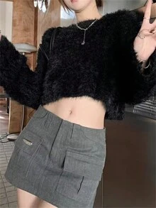 Nuevo suéter holgado de punto negro para mujer con diseño único, estilo de tendencia, blusas de manga larga - Negro - Ver 2