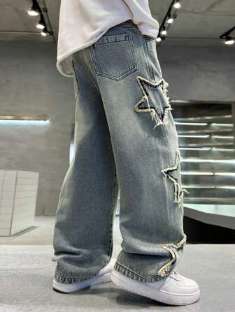 1pc Tween Boy Star Patchwork Frayed Hem Loose Wide-Leg Jeans, Elastic Waist, Distressed, For Teenagers