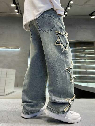 Pantalones vaqueros acampanados con dobladillo deshilachado y parches para niño preadolescente, pantalones vaqueros de ajuste relajado con cintura elástica, estampado aleatorio de estrella de 5 puntas, adecuado para primavera, verano, otoño, uso al aire libre, ropa infantil de 8 a 14 años