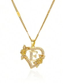 锆石心形花朵字母项链，金色，A-Z字母心形项链，婚礼珠宝礼物，情人节礼物，母亲节礼物 - 金黃色 - 查看 31