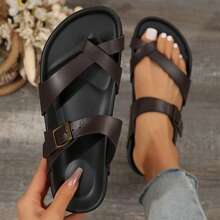 Women's Platform Sandals With,Cushion & Thick Soles On Flat Sandals For Summer Ultra ,Comfort Adjustable Slides Slip - Brown - View 6