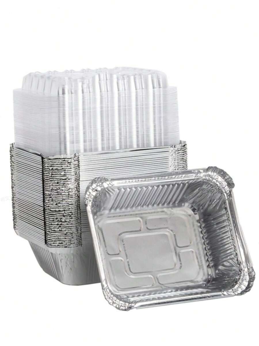20/50入組，重型一次性鋁製長方形鋁箔盤連蓋，可回收錫製食品儲存托盤，適合烹飪、烘焙、餐飲外帶使用（不含蓋） - 銀色 - 查看 1