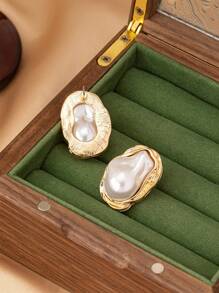 1pair Vintage Elegant Pearl Stud Earrings For Women - Yellow Gold - View 2