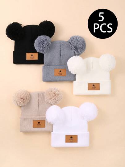 5 Pieces Set Of Baby Autumn/Winter Hat Gloves Combination Double Ball Knitted Hat