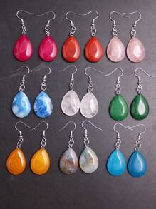 1對水滴天然石晶體和瑪瑙長掛墜耳環，粉色晶體冬靈能量女士多巴胺夏日度假手工珠寶 - 天然石 - 查看 1