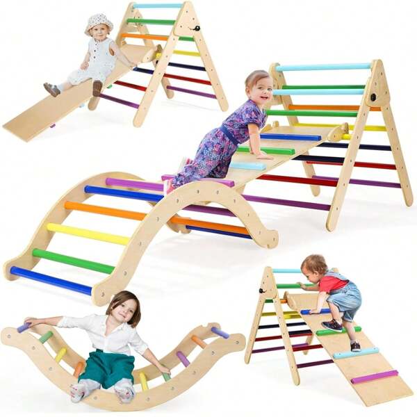 Set scala da arrampicata per bambini 3 in 1, triangolo da arrampicata arcobaleno con scivolo, scala da arrampicata e arco da arrampicata, altalena, struttura da arrampicata per interni, struttura da arrampicata per interni da 1 anno