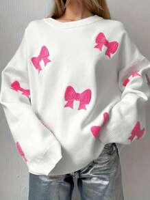Bow Graphic Dropped Shoulder Long Sleeve Casual Loose Pullover Sweater For Women - Multicolor - View 1