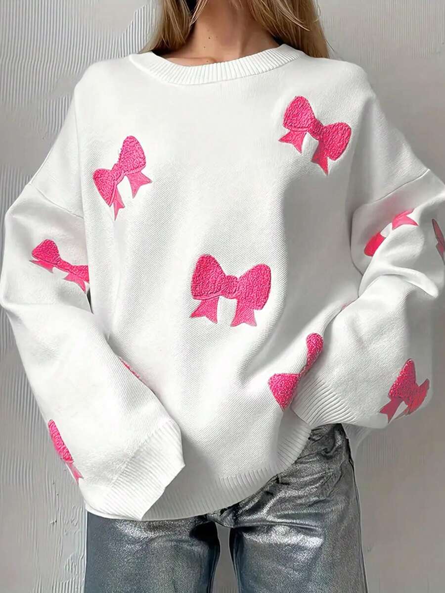 Bow Graphic Dropped Shoulder Long Sleeve Casual Loose Pullover Sweater For Women - Multicolor - View 1