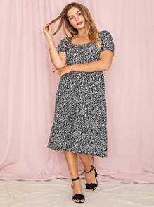 Boho Retro Ditsy Floral Flutter Puff Sleeve Square Neck Tiered Ruffle Tea Midi Length Classic Bridgerton Dress