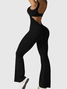 Speed mate 女式无袖瑜伽连体裤，带提臀功能，女式露背喇叭裤，塑身衣 - 黑色 - 查看 5