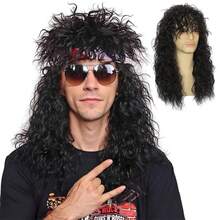 Peluca de mujer/hombre estilo mullet de los años 70 y 80, rizada y larga, para disfraz de rockstar de heavy metal, punk o Halloween, accesorio personalizado para fiesta (NEGRO) - Multicolor - Ver 1