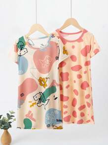 2 件套少女短袖卡通印花休闲连衣裙套装 - 彩色 - 查看 1