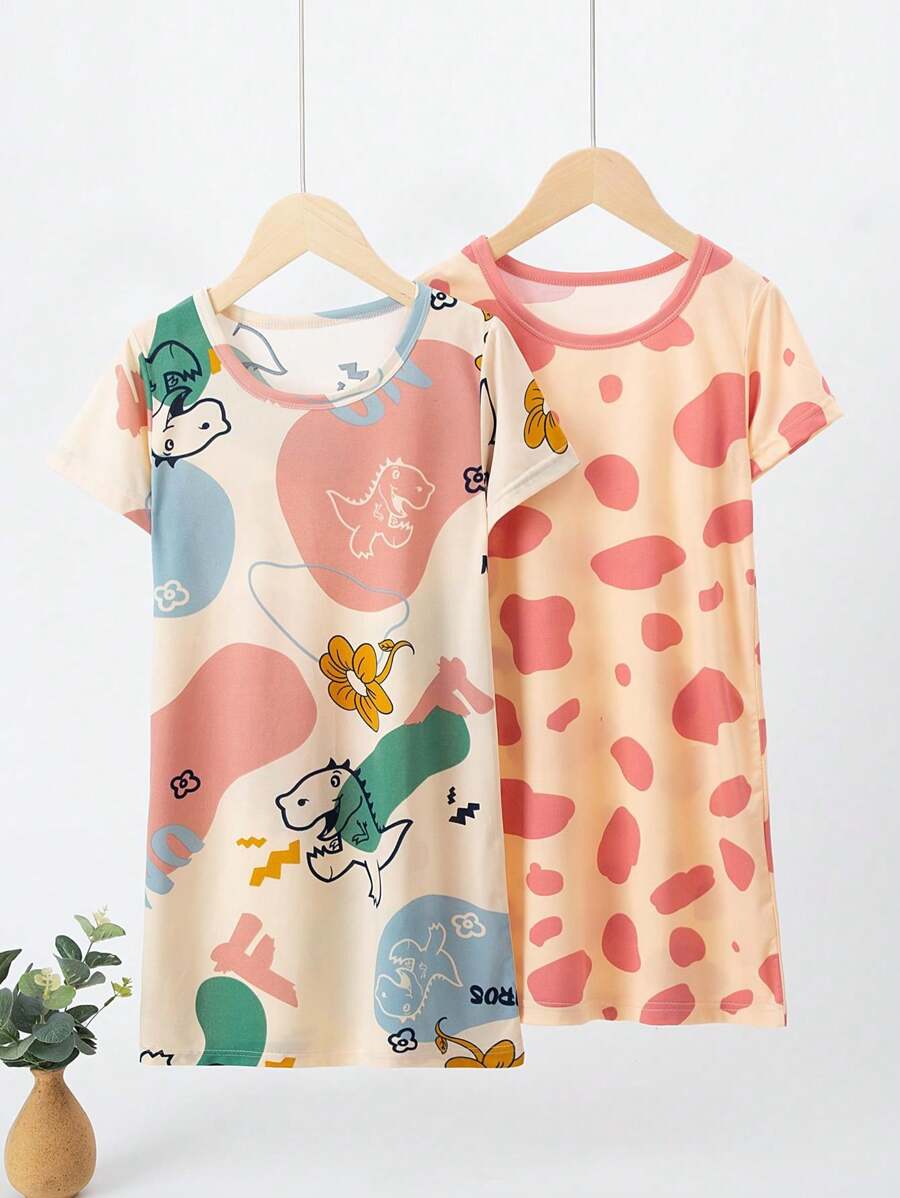 2 件套少女短袖卡通印花休闲连衣裙套装 - 彩色 - 查看 1