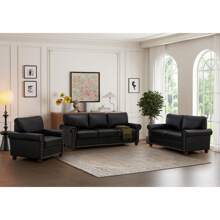 Mid-Century Modern Faux Leather Living Room Sofa Set With Rivet Trim, Solid Wood Frame And Legs - Single, Double, Triple, 2+3 Seater, 1+2+3 Seater, 4 Color Options - 黑色 - 查看 2
