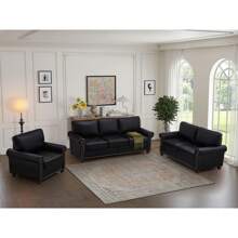 Mid-Century Modern Faux Leather Living Room Sofa Set With Rivet Trim, Solid Wood Frame And Legs - Single, Double, Triple, 2+3 Seater, 1+2+3 Seater, 4 Color Options - 黑色 - 查看 1