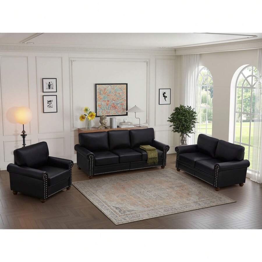 Mid-Century Modern Faux Leather Living Room Sofa Set With Rivet Trim, Solid Wood Frame And Legs - Single, Double, Triple, 2+3 Seater, 1+2+3 Seater, 4 Color Options - 黑色 - 查看 1