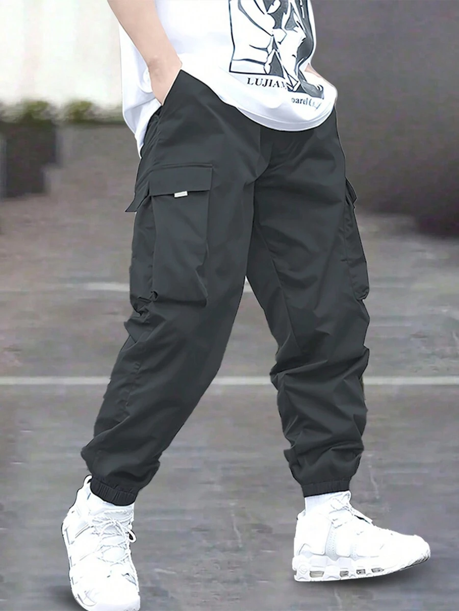 1 pieza Pantalones informales con bolsillos, cintura y puños para jóvenes y adolescentes, adecuados para primavera, verano, otoño e invierno - Gris - Ver 1