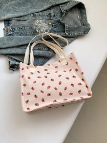 Bolso de tela con estampado de fresa, bolso de mano adorable con frutas, bolso de hombro, incluye correa larga ajustable para opción de cruzado para San Valentín - Rosa - Ver 5