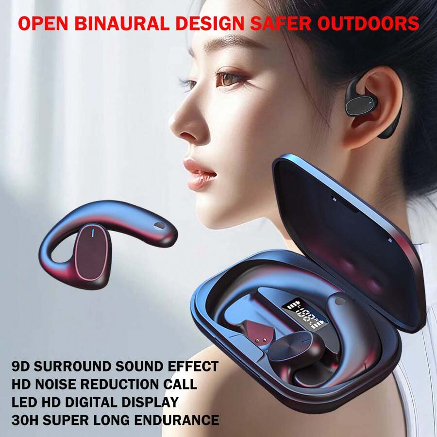 全新OWS無線藍牙耳機，採用非入耳掛式設計，觸控控制，具有通話降噪和骨傳導無痛全開放式藍牙耳機，TWS真無線立體聲，LED顯示電池續航力，長時間待機，適用於音頻、視頻、遊戲和運動。 - 彩色 - 查看 1