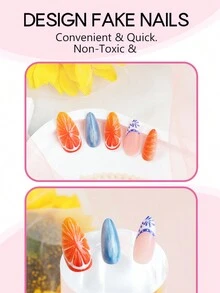 24入組Y2K粉色法式指尖假甲，杏仁假甲，3D浮雕彩色橘色陽光愉悅設計，光亮全覆蓋假甲，夏季美甲用品，適用於女性和女孩 - 彩色 - 查看 4