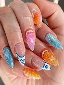 24入組Y2K粉色法式指尖假甲，杏仁假甲，3D浮雕彩色橘色陽光愉悅設計，光亮全覆蓋假甲，夏季美甲用品，適用於女性和女孩 - 彩色 - 查看 1