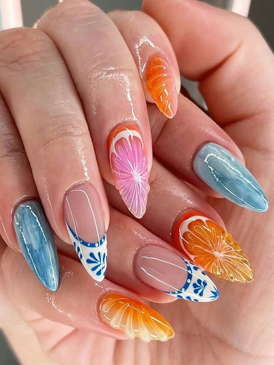 24入組Y2K粉色法式指尖假甲，杏仁假甲，3D浮雕彩色橘色陽光愉悅設計，光亮全覆蓋假甲，夏季美甲用品，適用於女性和女孩 - 彩色 - 查看 1